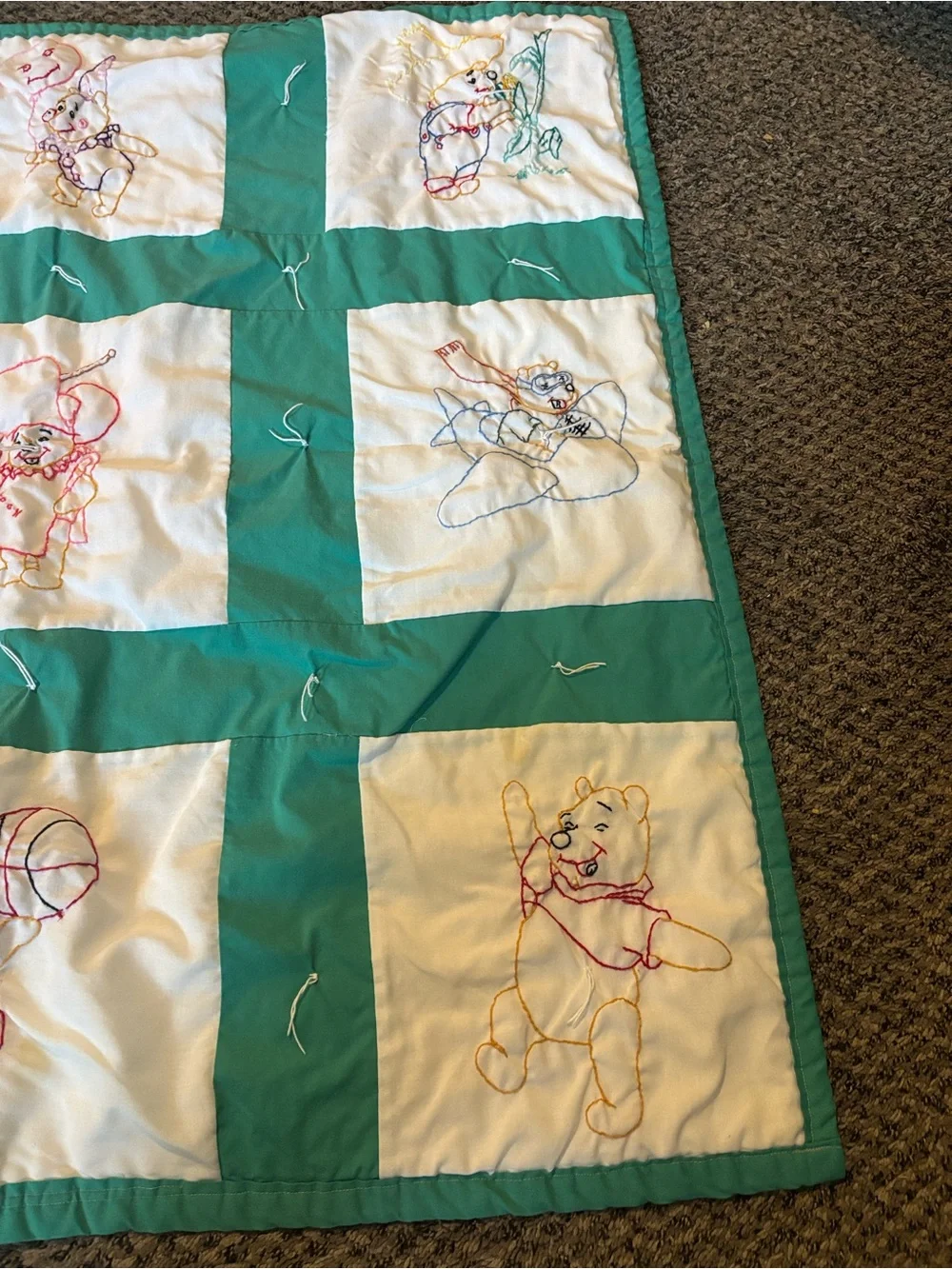 Hand-Embroidered Green and white Baby Quilt - Winnie-the-Pooh Motifs